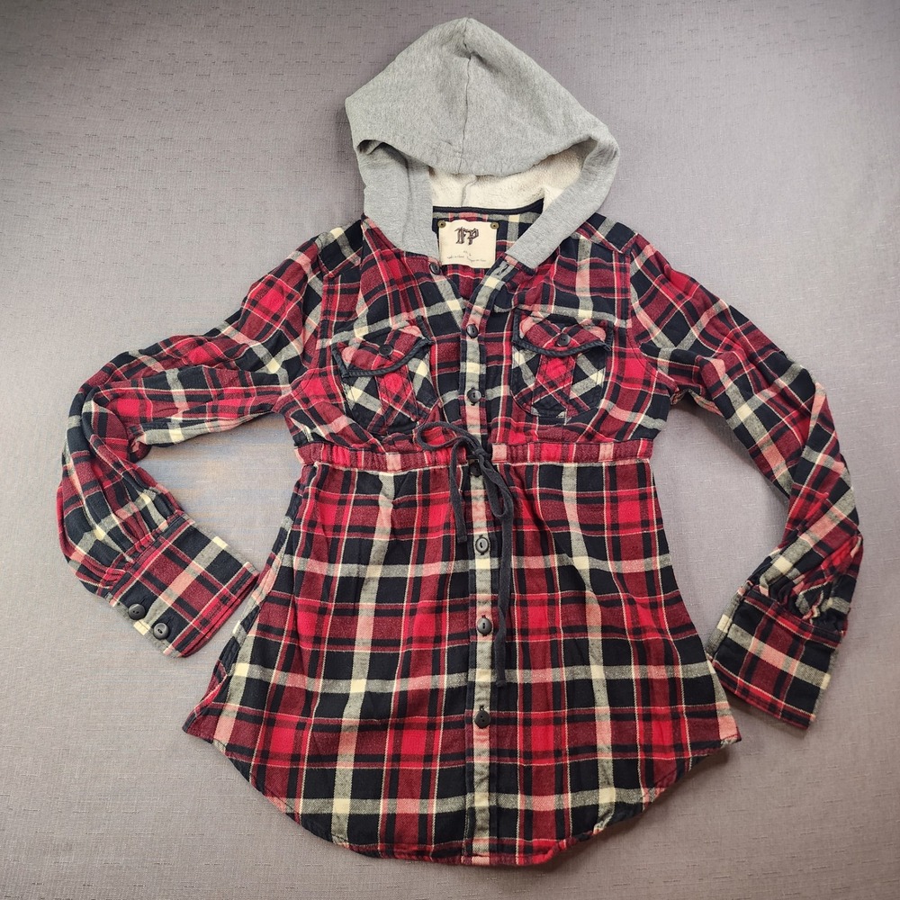 Free People Hooded Shirt Jacket Red Plaid Flannel Vintage Grunge Boho Size 6